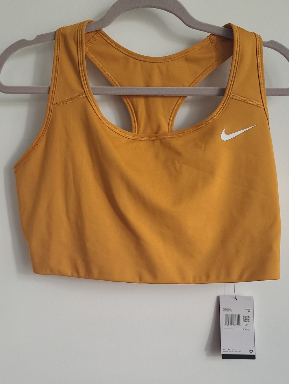 Nike Women’s Mustard Yellow Racerback Sports Bra with White Swoosh
